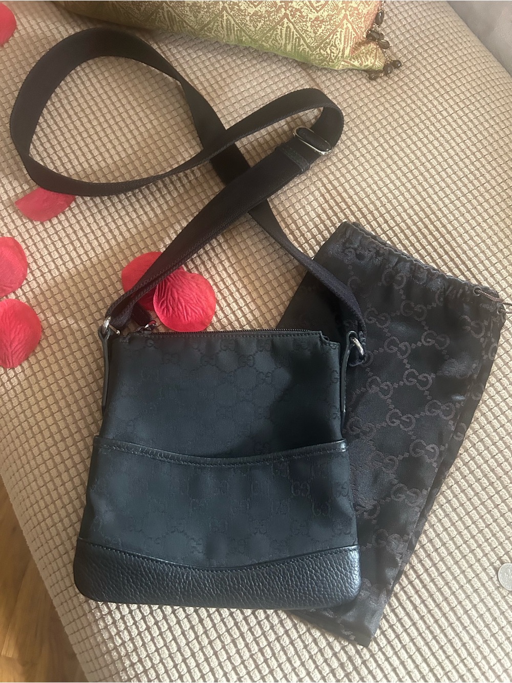 GUCCI Black GG Monogram Canvas Leather Trim Crossbody Bag